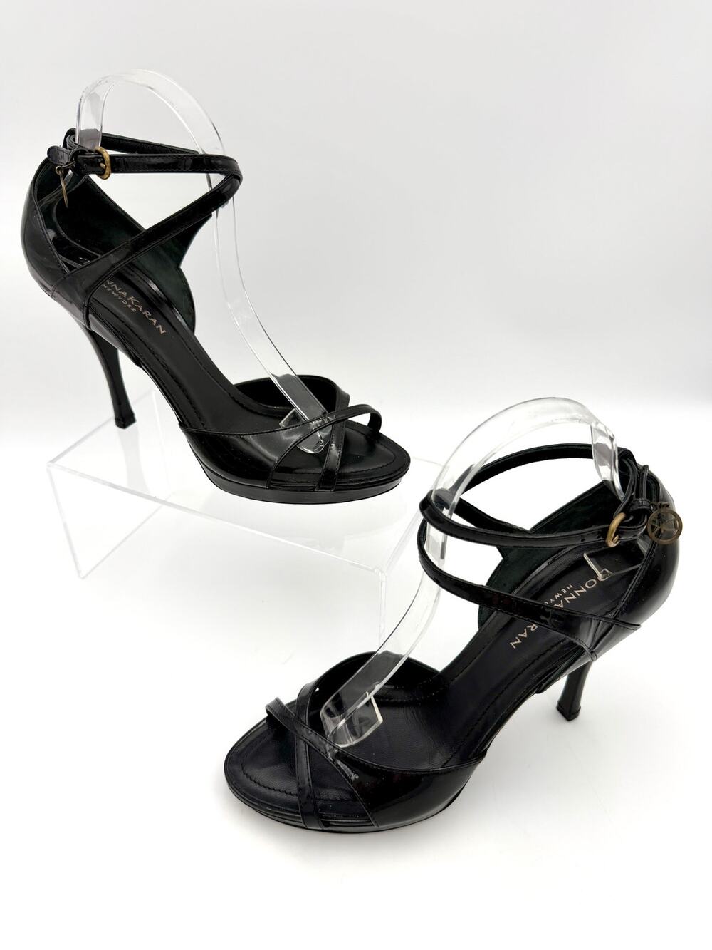 Donna Karan New York Strappy Sandals Heels Black Patent Leather Size 39.5